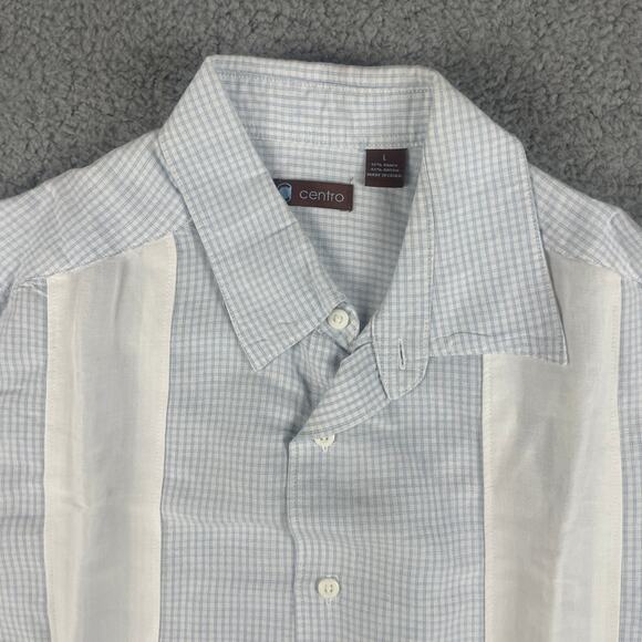 Centro Men's Large White Blue Striped Pattern Short Sleeve Button Up Shirt - Picture 3 of 16